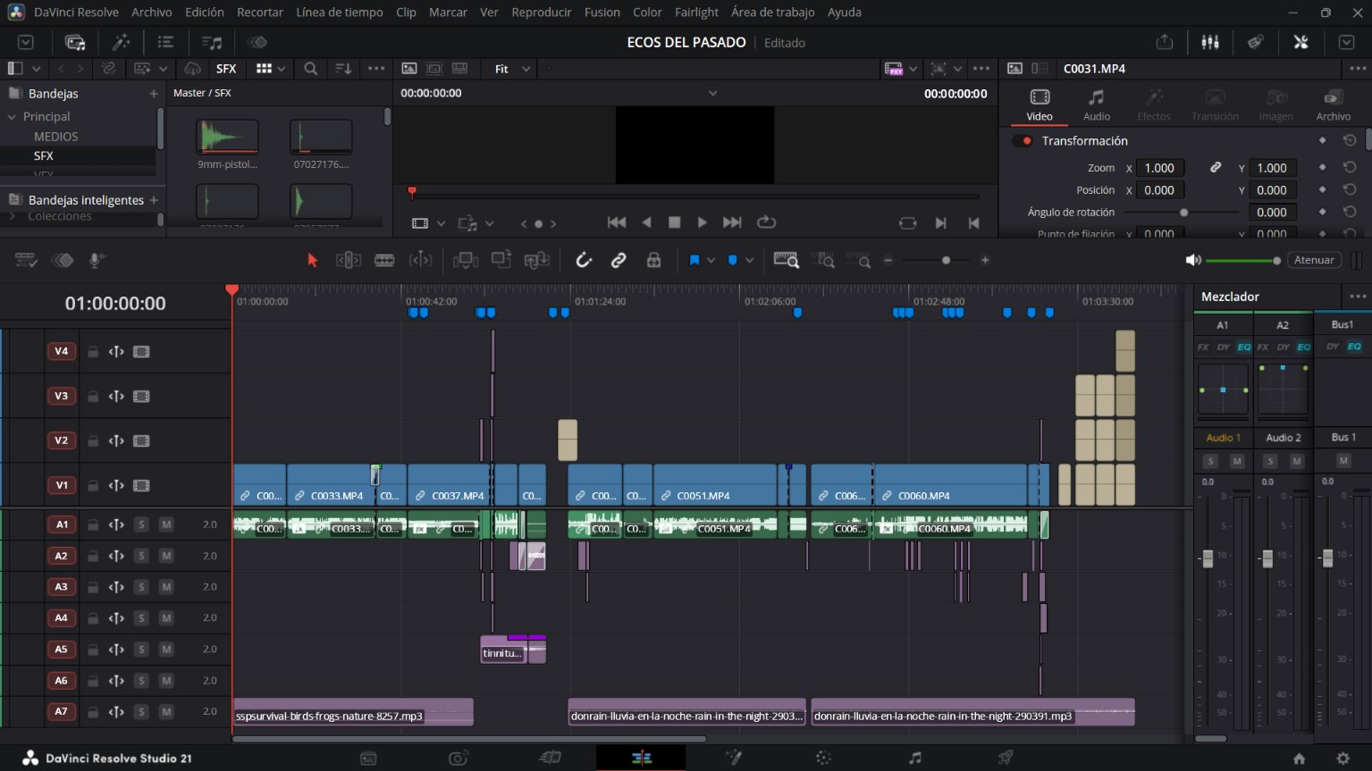 Línea de tiempo de DaVinci Resolve del cortometraje Ecos del pasado, con varias pistas de audio de efectos y ambiente